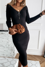 Zip-Detail Pencil-Cut Dress with V-Neckline