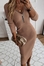 Zip-Detail Pencil-Cut Dress with V-Neckline
