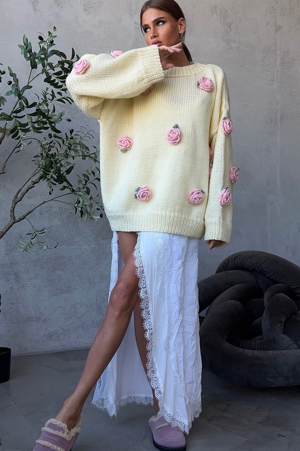 Floral Knit Appliqué Sweater