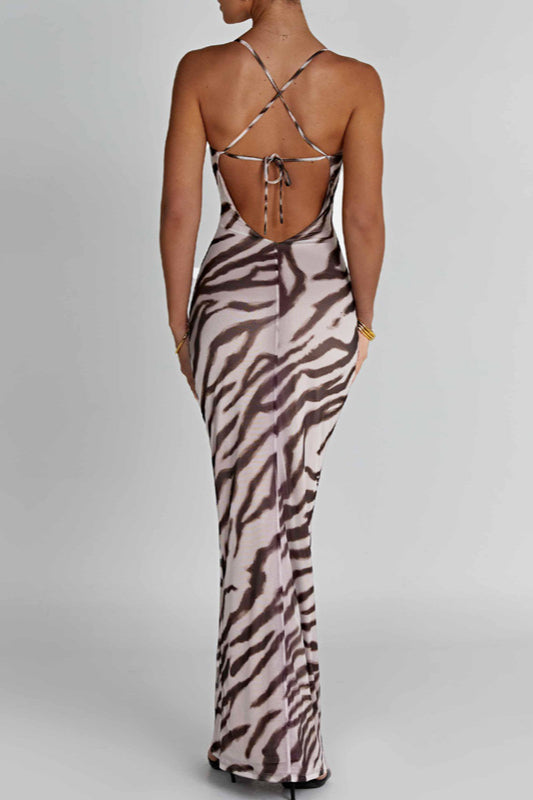 Printed Slim-Fit Open-Back Maxi Dress