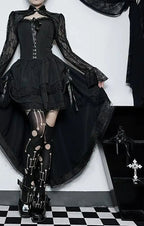 Uneven Folded Lace Black Midi Dress