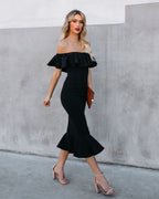 Ruffled Crepe Midi Dress with Off-Shoulder Neckline