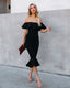 Ruffled Crepe Midi Dress with Off-Shoulder Neckline
