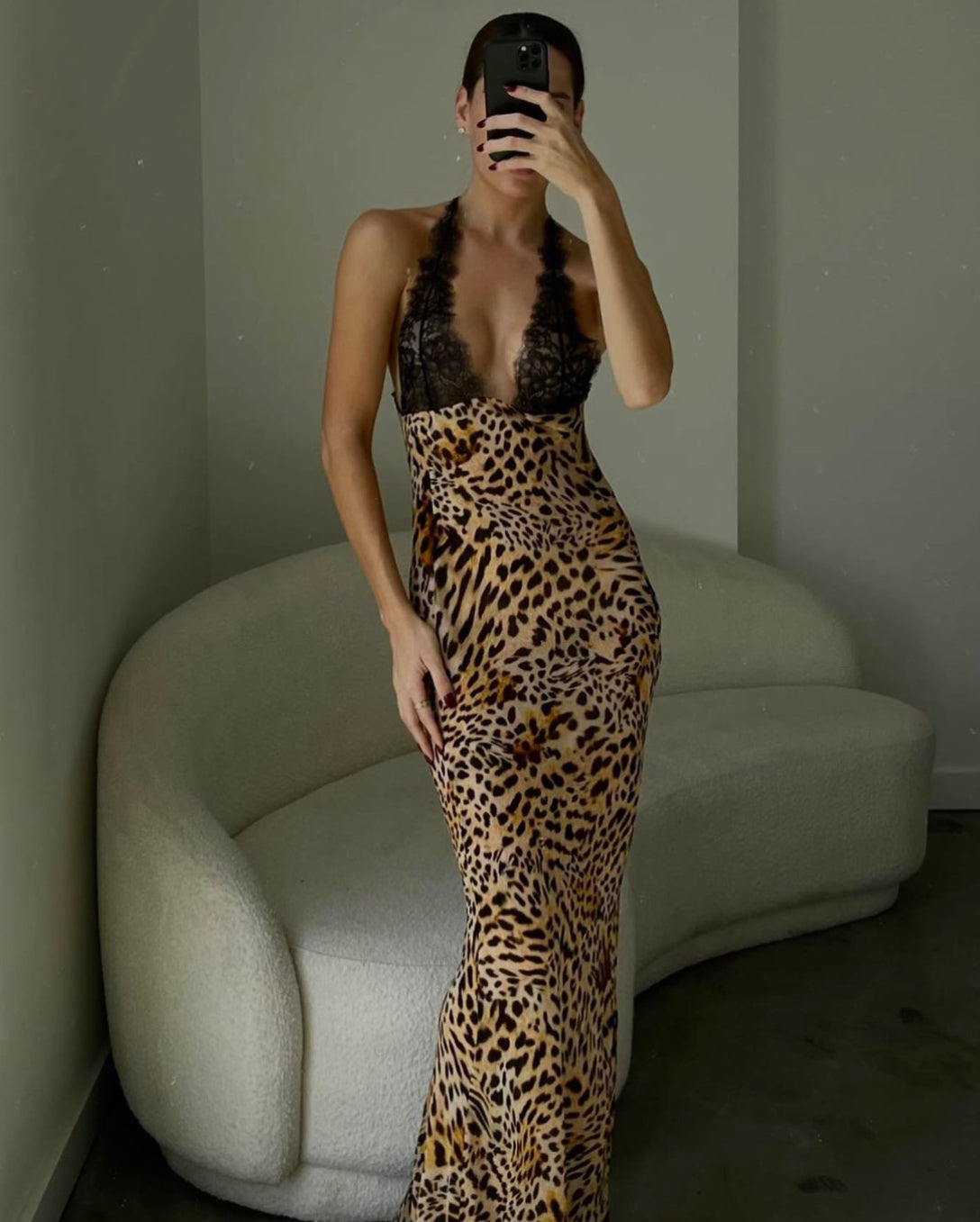 Leopard-Print Cross-Detail Dress with Contrast Details