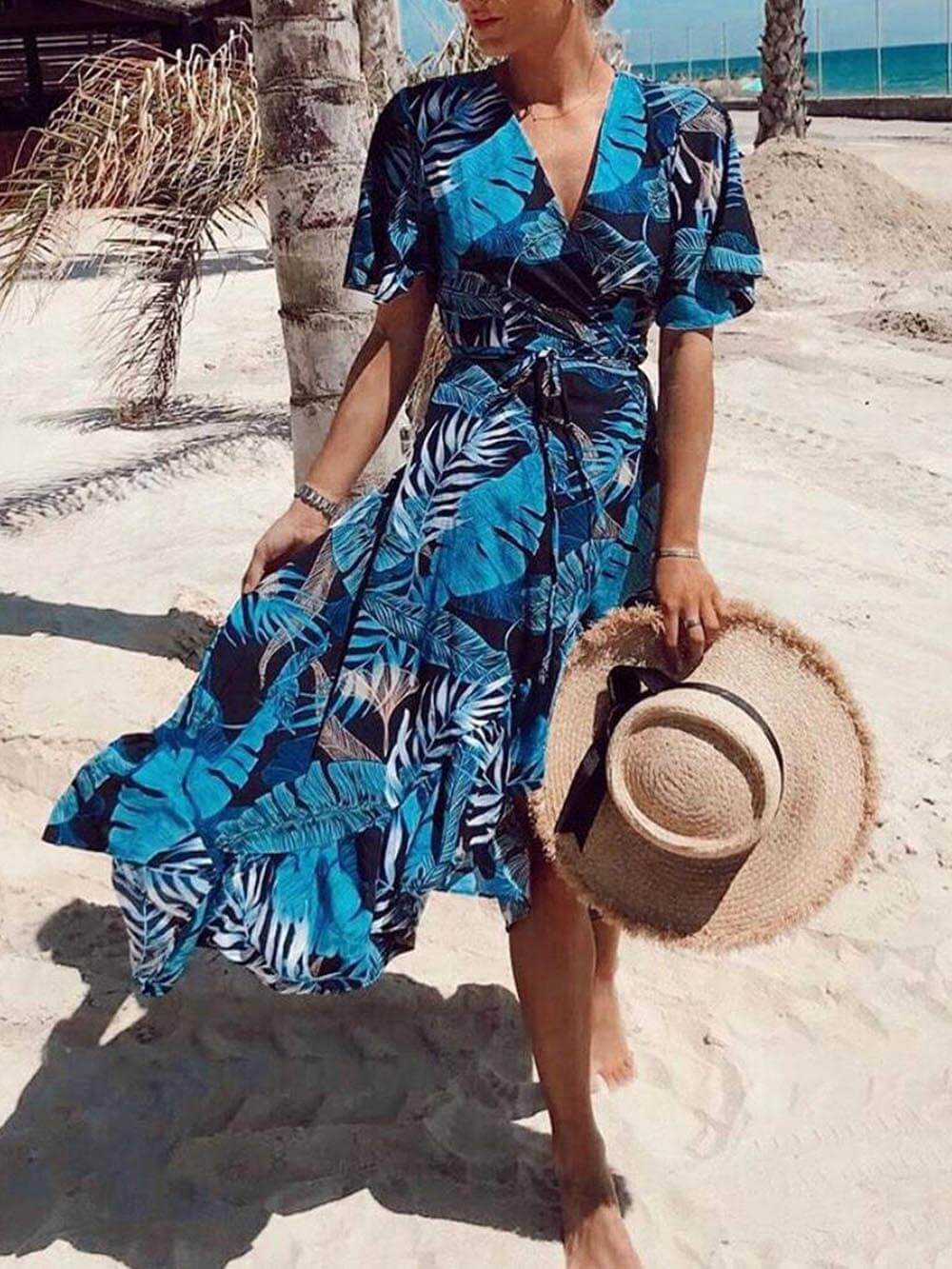 Printed Wrap-Style Midi Dress