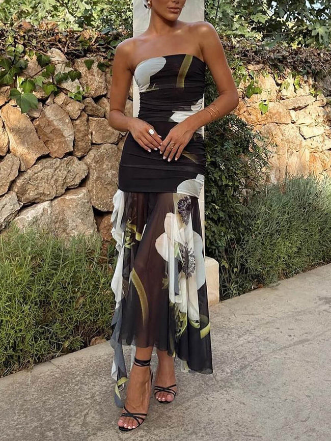 Floral Mesh Midi Dress with Off-Shoulder Neckline Main image