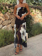 Floral Mesh Midi Dress with Off-Shoulder Neckline