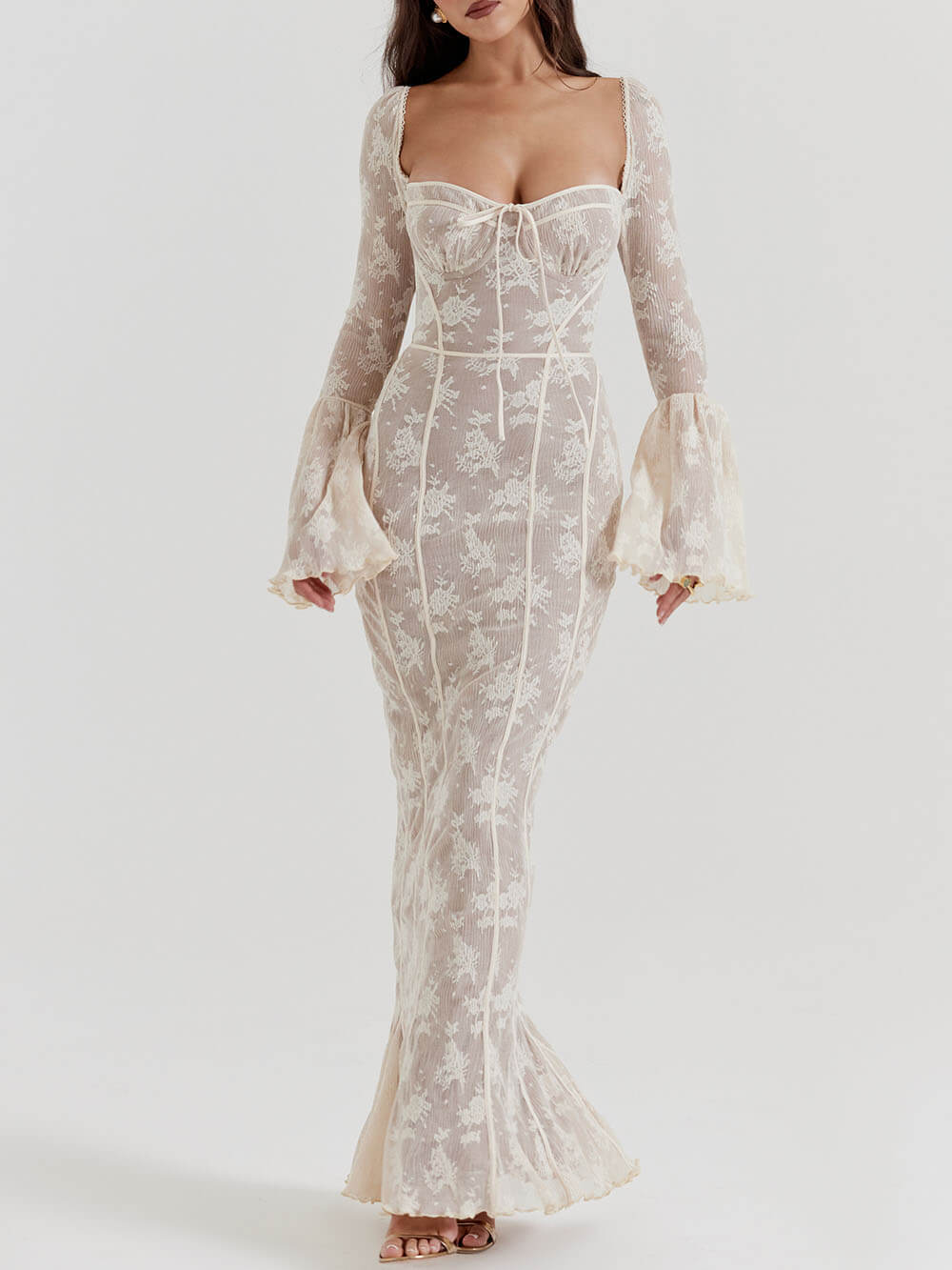 Lace Cream Maxi Dress with Vintage Styling