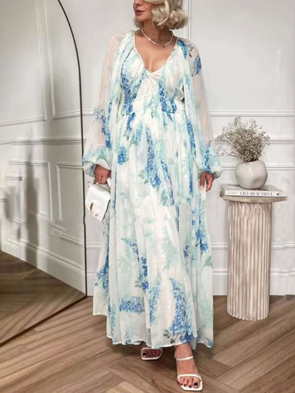 Floral Chiffon Maxi Dress with Drawstring Detail
