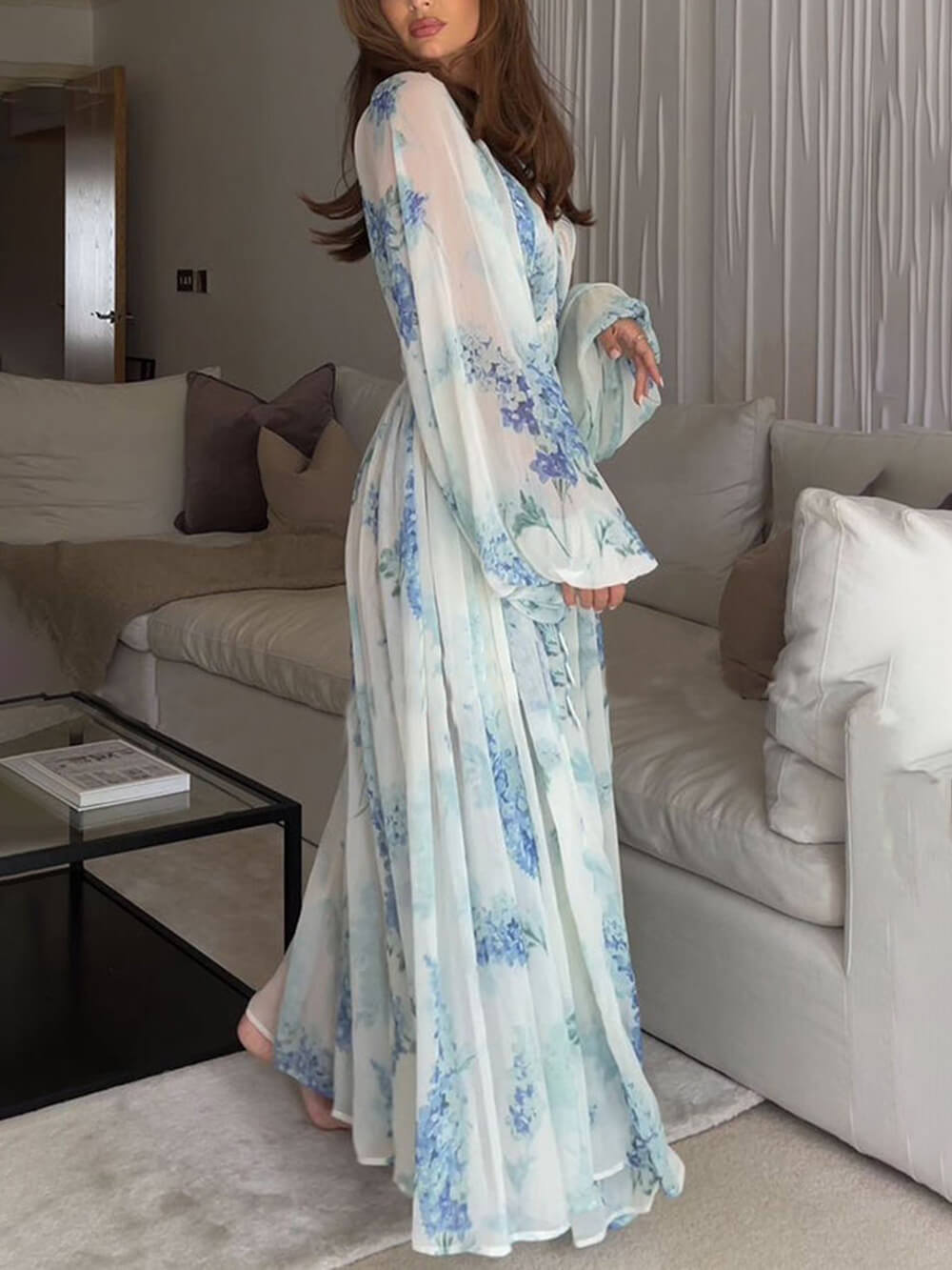 Floral Chiffon Maxi Dress with Drawstring Detail