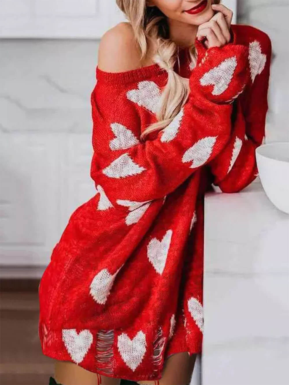 Heart-Detail Sweater Dress with Cutout Details