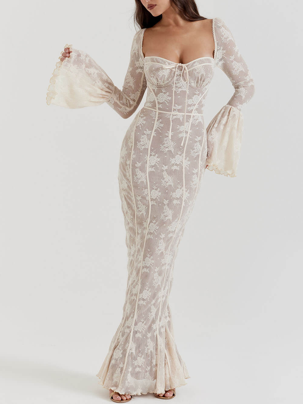 Lace Cream Maxi Dress with Vintage Styling