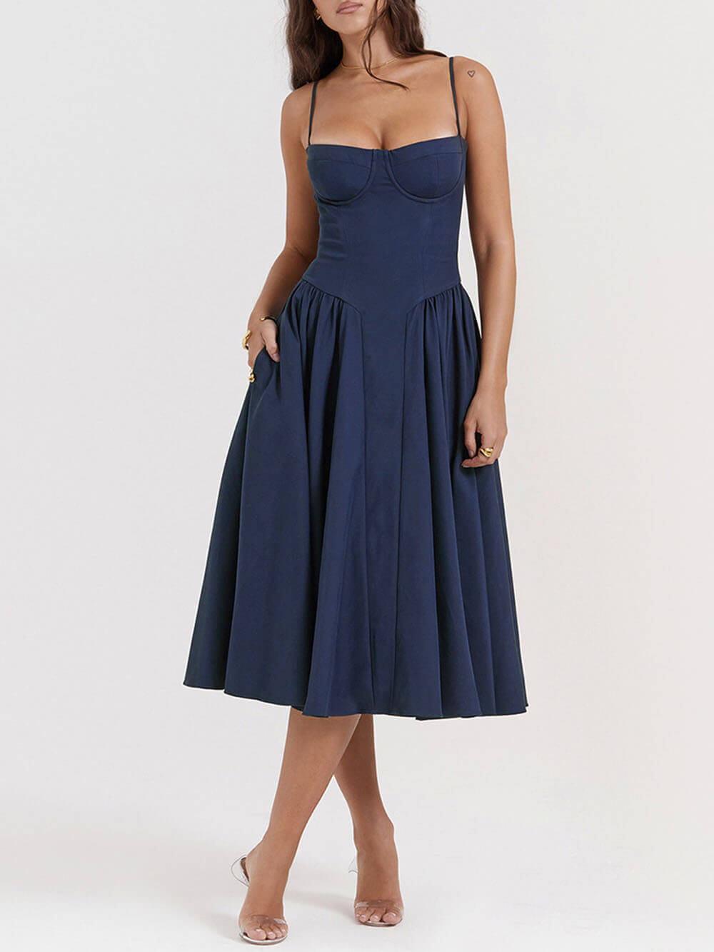 V-Neck Midi Dress with Strapless Neckline