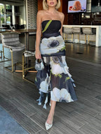 Floral Mesh Midi Dress with Off-Shoulder Neckline