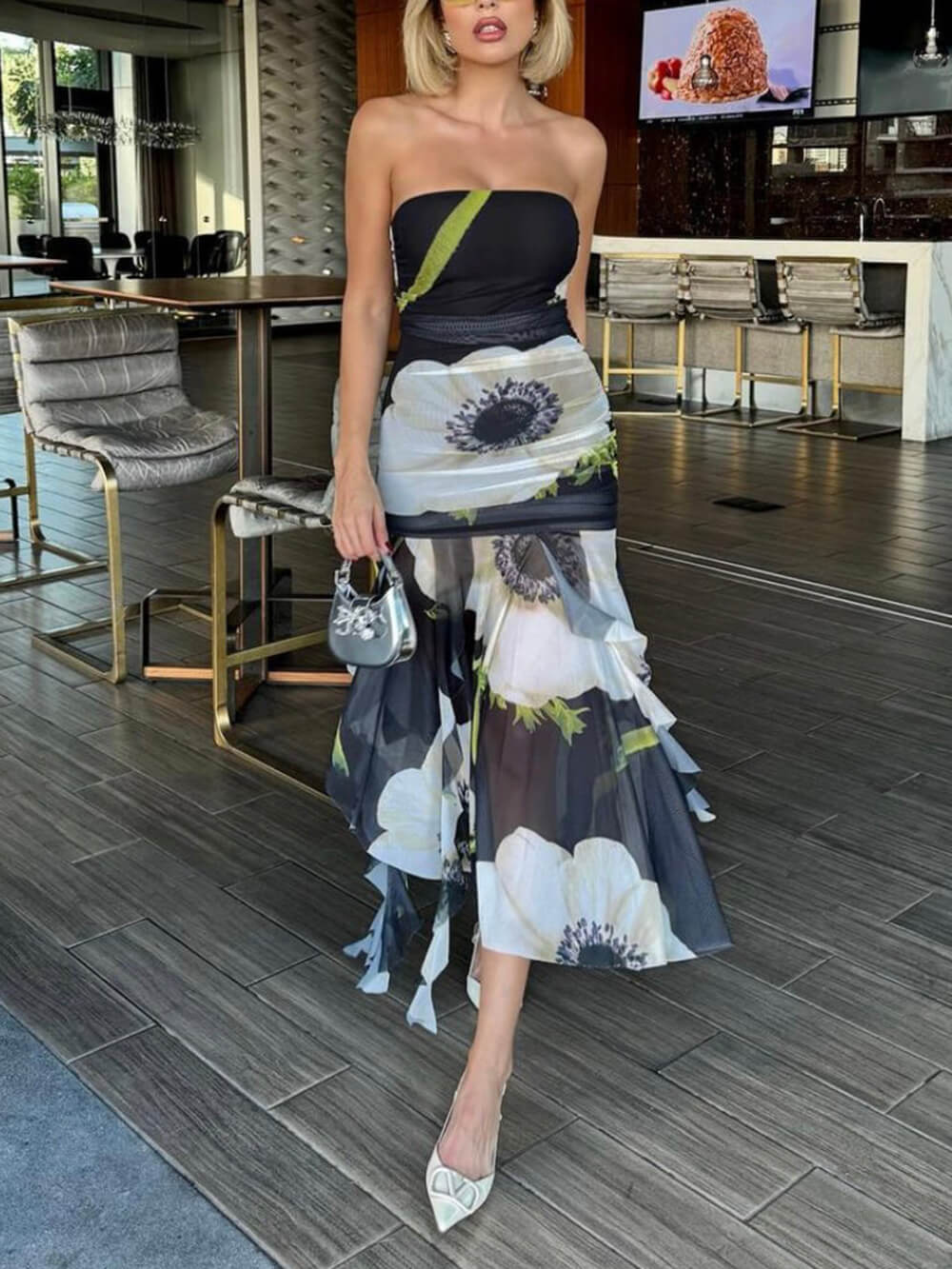 Floral Mesh Midi Dress with Off-Shoulder Neckline