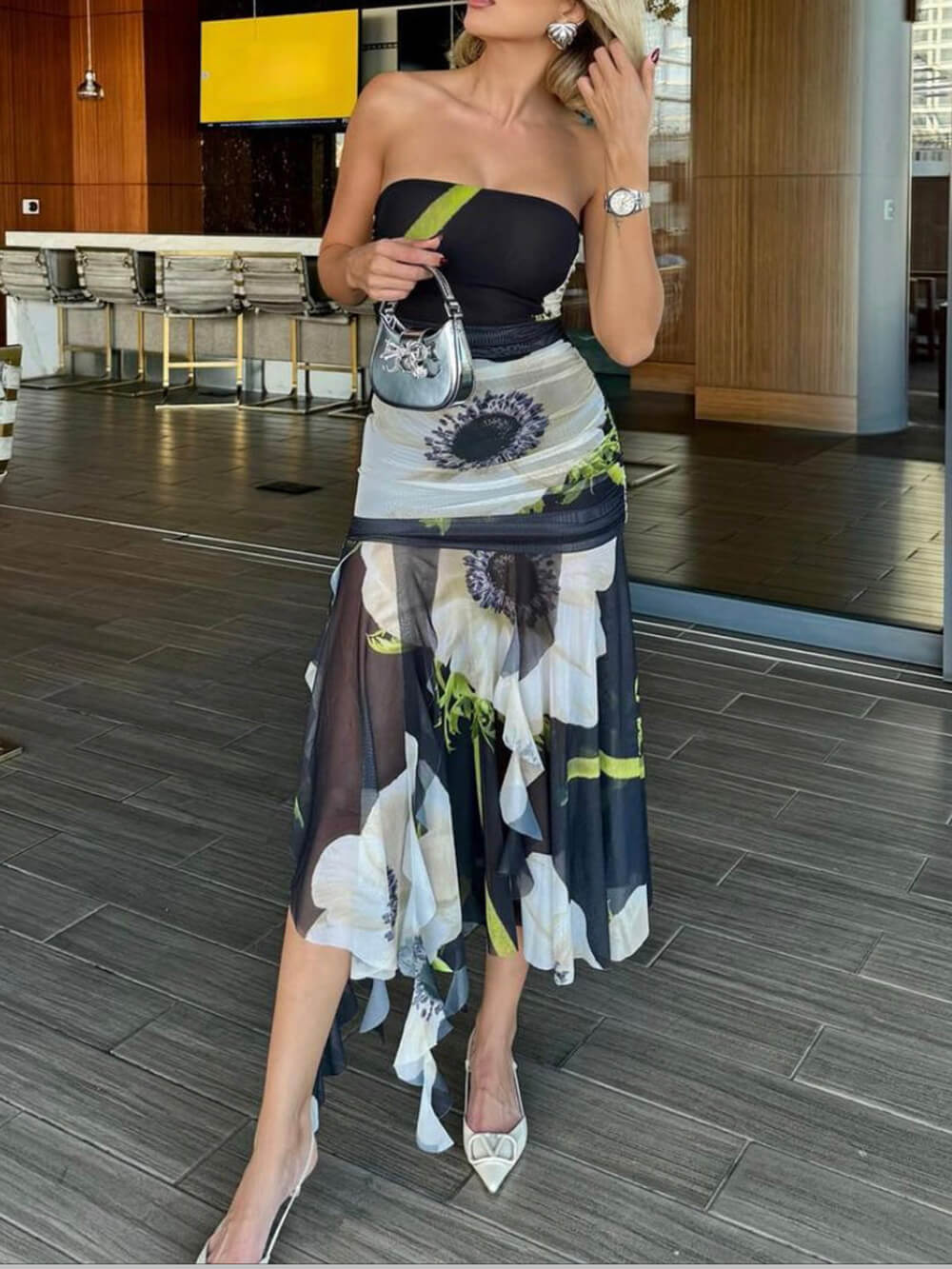 Floral Mesh Midi Dress with Off-Shoulder Neckline
