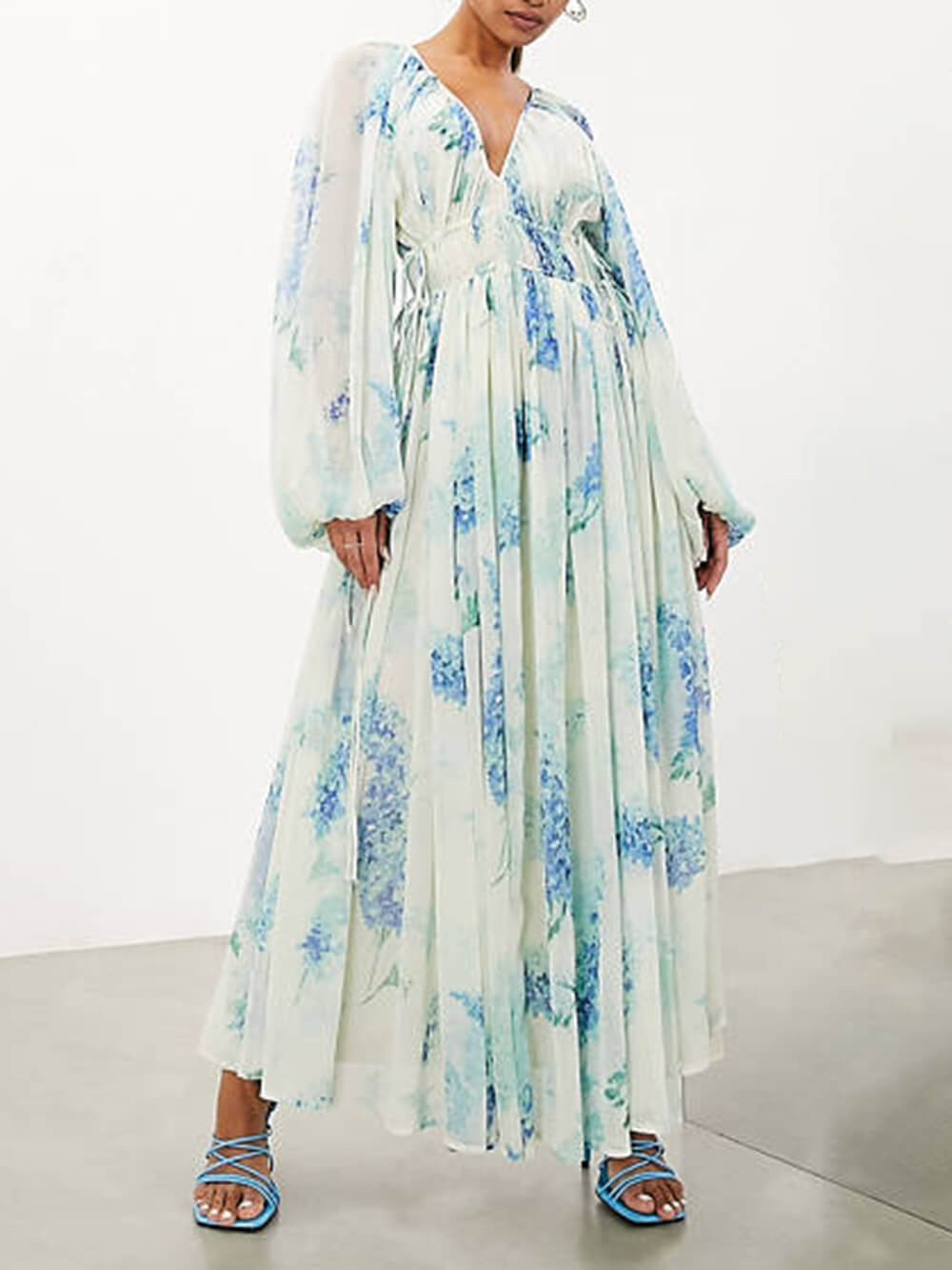 Floral Chiffon Maxi Dress with Drawstring Detail