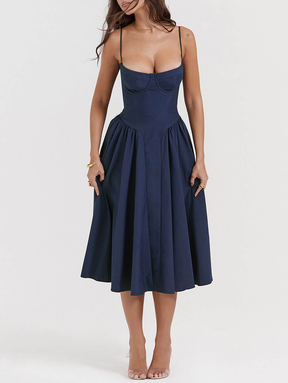V-Neck Midi Dress with Strapless Neckline
