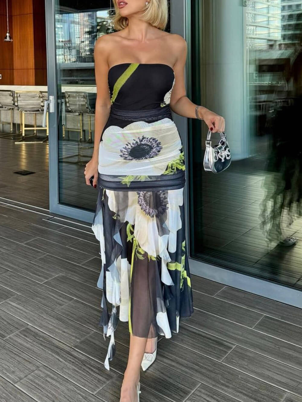 Floral Mesh Midi Dress with Off-Shoulder Neckline