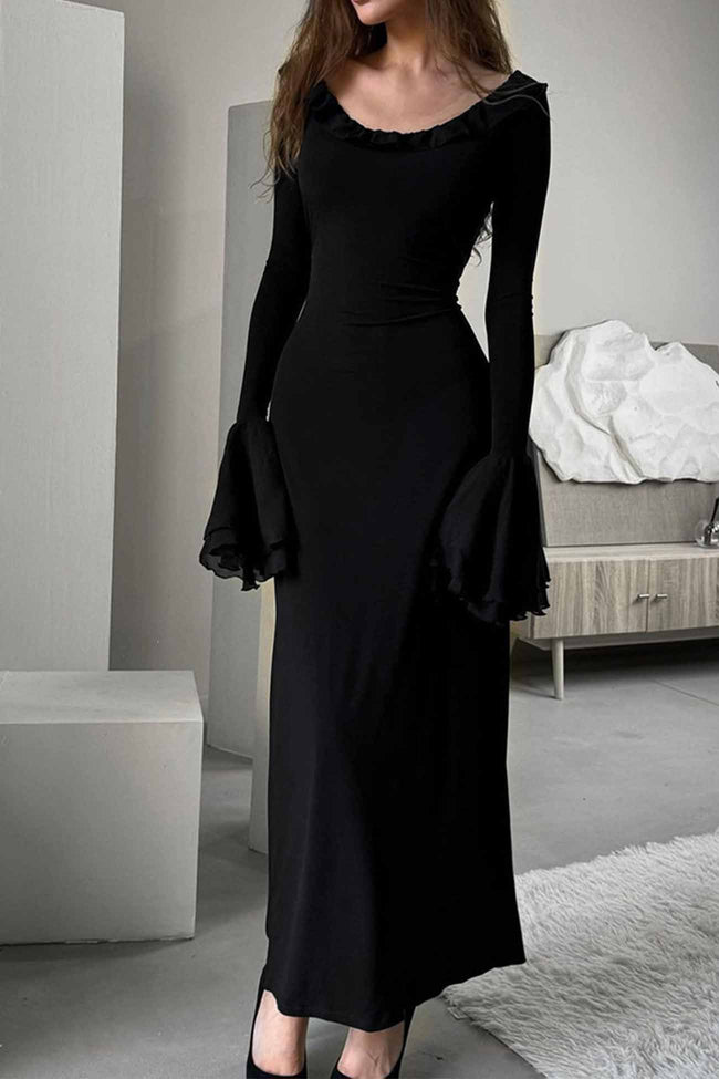 U-Neck Solid-Color Midi Dress with Flared Sleeves Main image