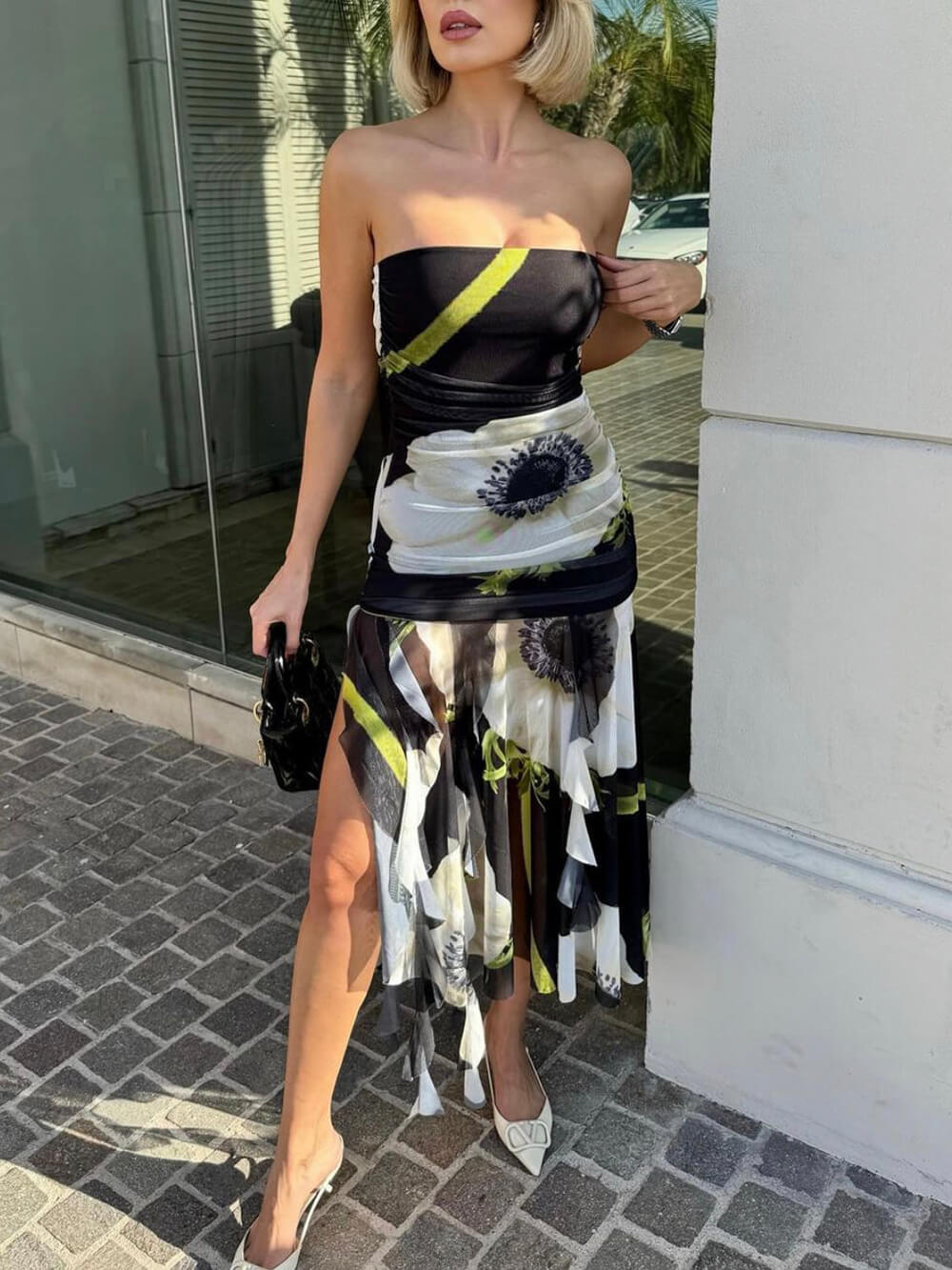 Floral Mesh Midi Dress with Off-Shoulder Neckline