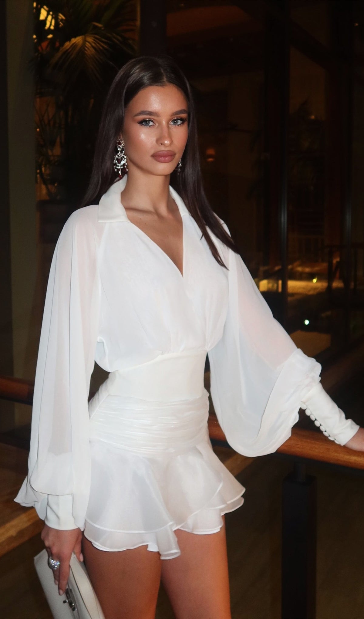 Short Silk Dress with Lantern Sleeves