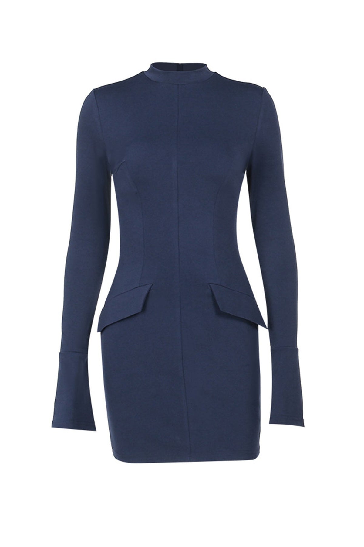 Mock-Neck Solid-Color Dress with Flared Sleeves