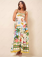 Smocked Printed Maxi Dress with Pockets