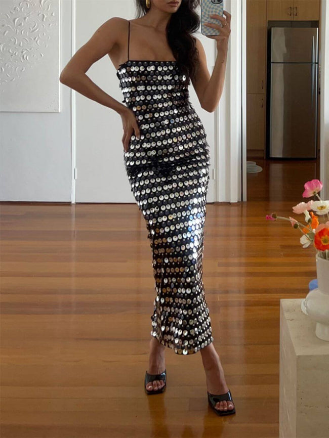 Sequined Silver Midi Dress with Strap Details Main image