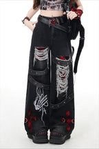 Gothic Barrel Jeans with Rips and Straps