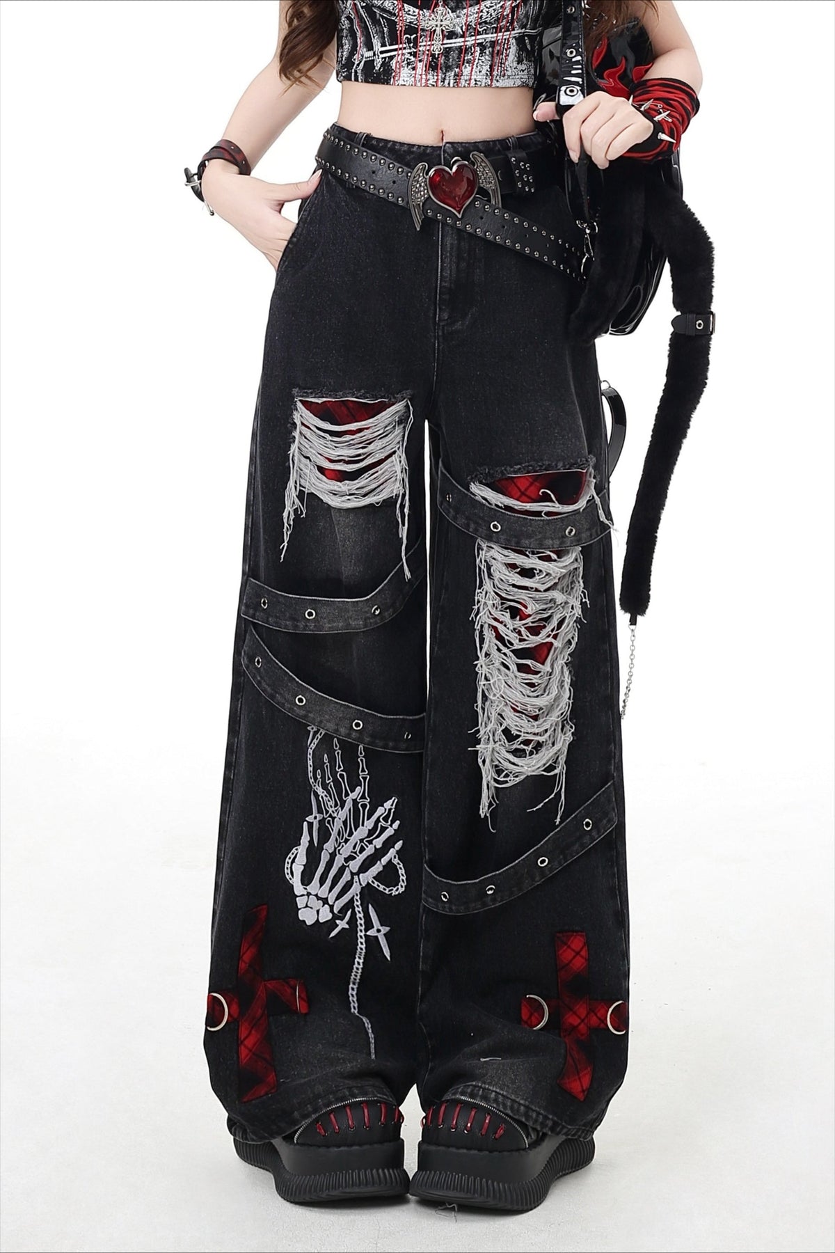 Gothic Barrel Jeans with Rips and Straps