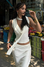 Draped Cinched Strap-Detail Cropped Top