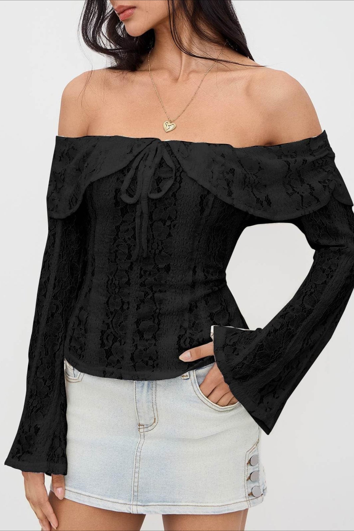 Off-Shoulder Bodycon T-Shirt with Lace Panels