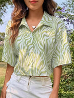 Printed Lapel Short-Sleeve Blouse