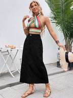 Denim Midi Skirt with Raw Hem