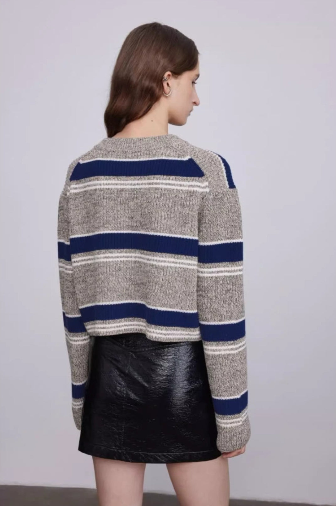Striped Knit Sweater with V-Neckline