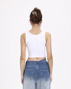 Lettered Polyester Cropped Tank Top with Floral Details