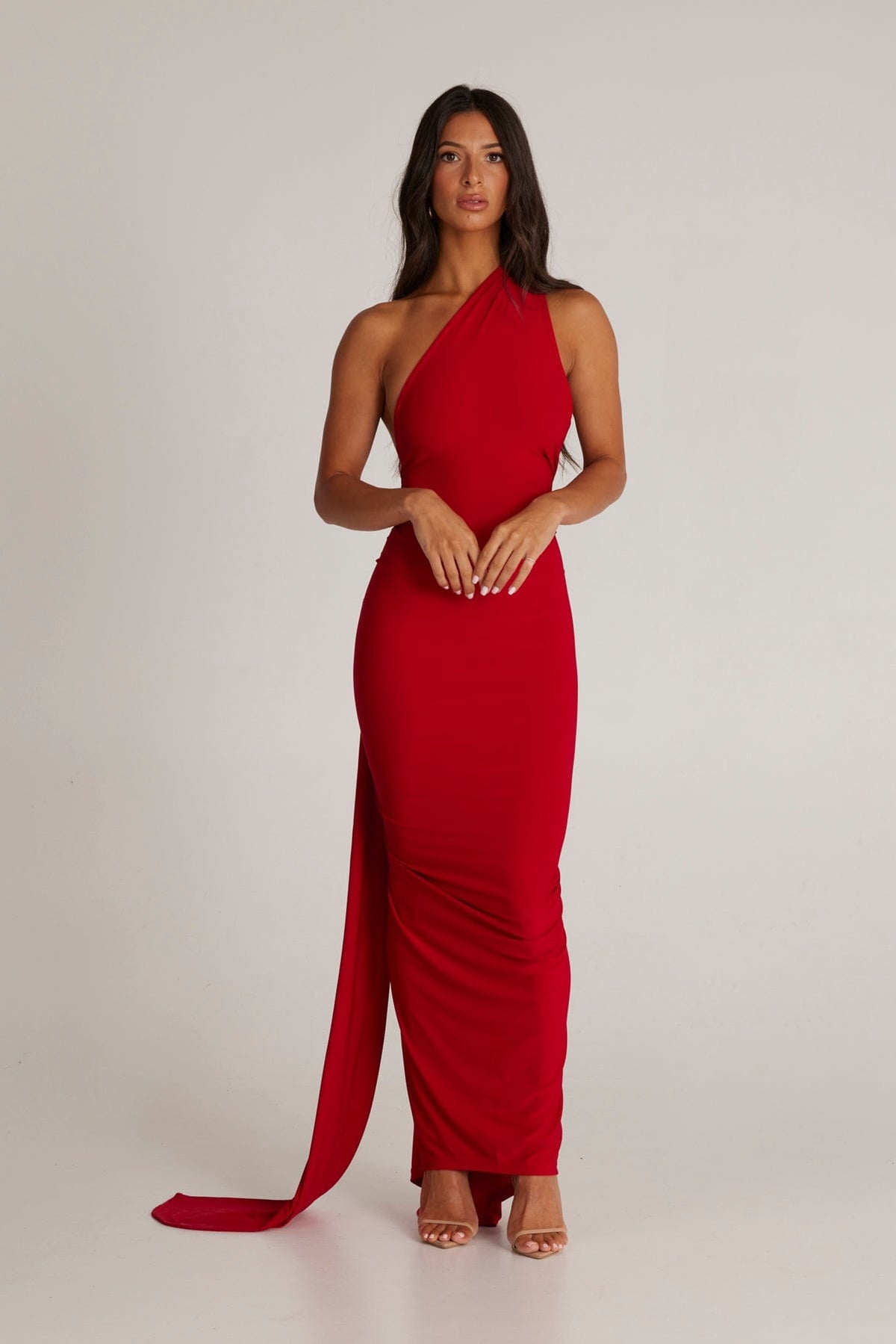 Polyester Stretch-Blend Maxi Dress with Layered Details