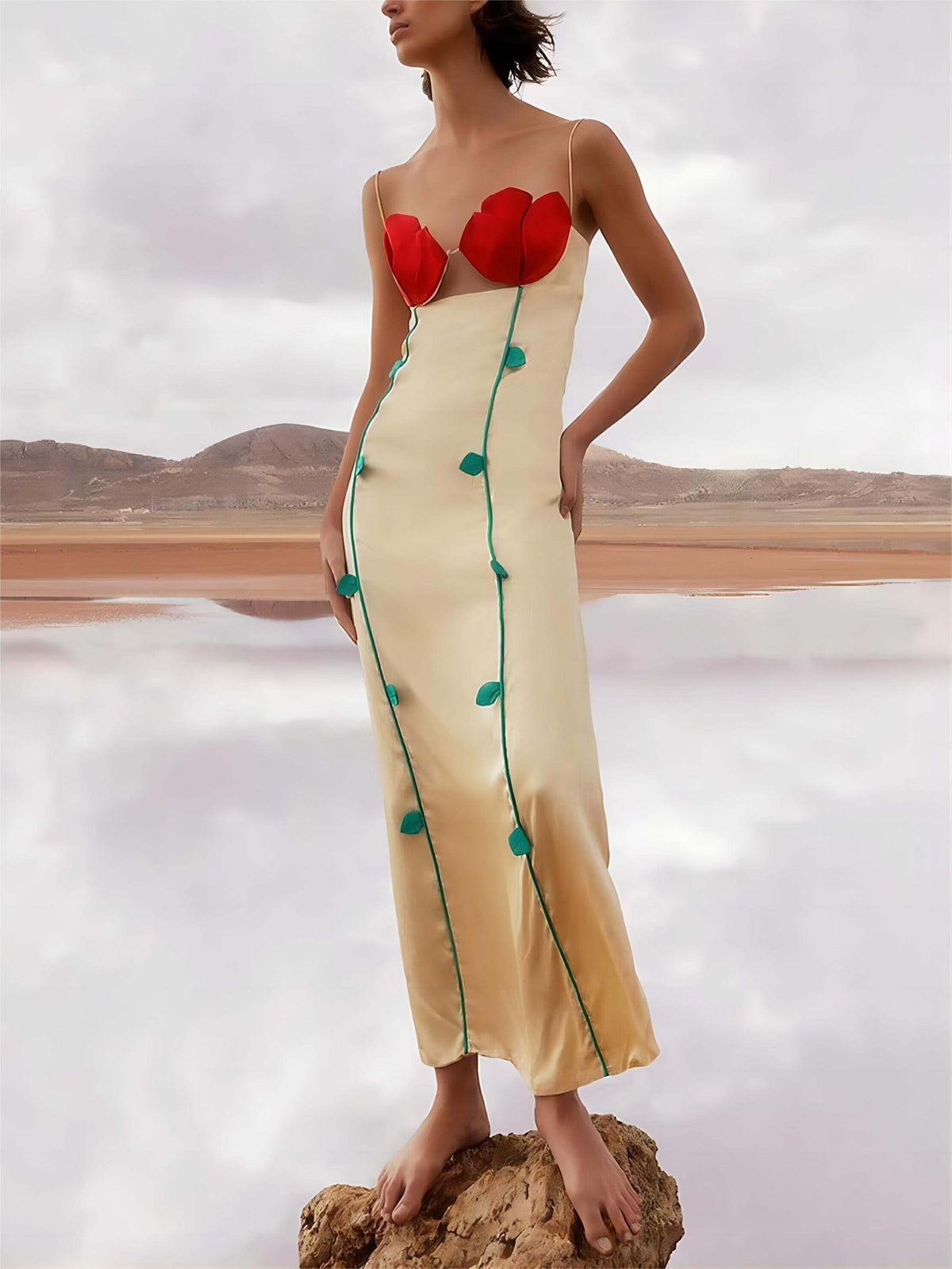 Contrast-Detail Midi Dress with Panel Details