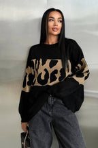 Colorblock Knit Sweater with Leopard Print