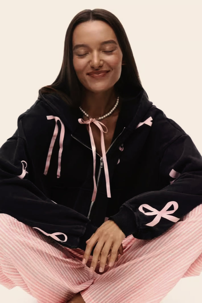 Bow-Detail Cotton Hoodie with Print Details