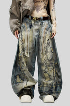 Stitch-Detail Distressed Barrel-Leg Jeans with Embroidery