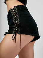 Denim High-Rise Shorts with Lace-Up Details