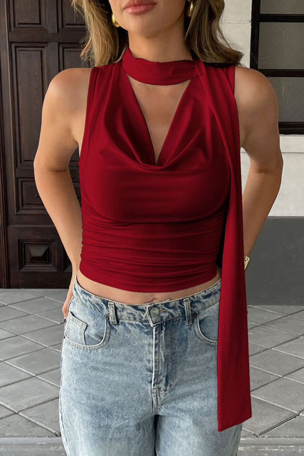 Draped Cinched Strap-Detail Cropped Top