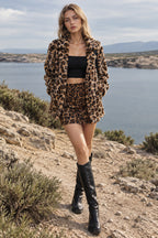 Fleece Leopard Zebra Print Notch Collar Coat