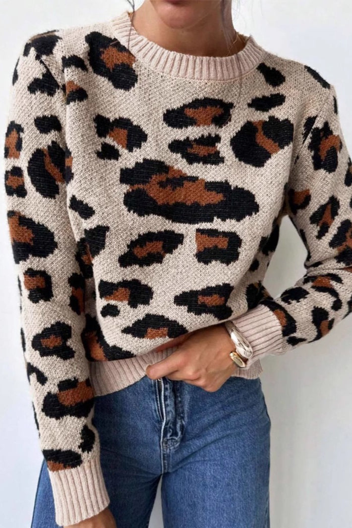 Leopard-Print Crew-Neck Contrast-Detail Sweater