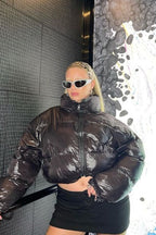 High-Neck Polyester Cropped Coat with Cotton Fabric