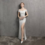 Clara Glitter Off the Shoulder Split Dress For Prom - Lady Occasions