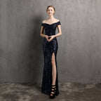 Clara Glitter Off the Shoulder Split Dress For Prom - Lady Occasions