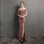 Clara Glitter Off the Shoulder Split Dress For Prom - Lady Occasions